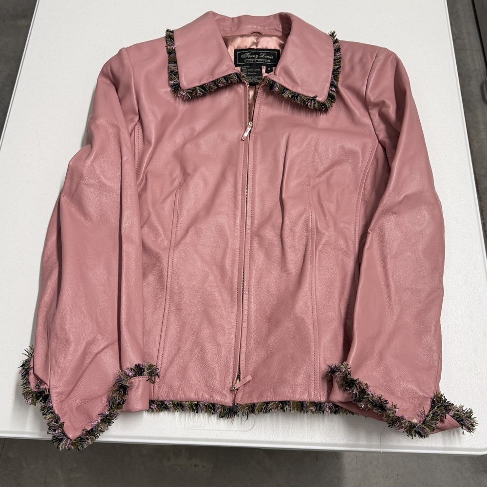 Terry Lewis Leather Jacket Womens M Pink Excellent Fringe Trim Zip Up Outerwear